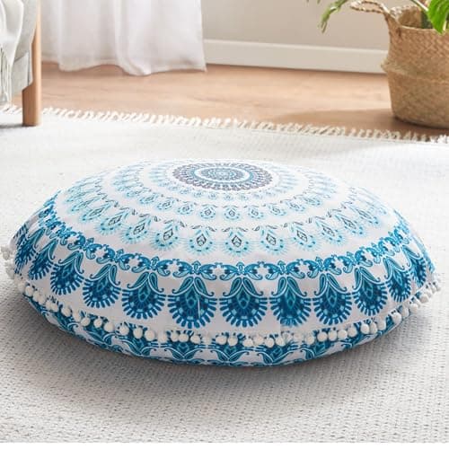Codi Meditation Floor Pillow, Round Large Pillows Seating for Adults, Bohemian Mandala Circle Cushion for Outdoor Fireplace Yoga Living Room, 32 Inch, Memory Foam Added, Aqua