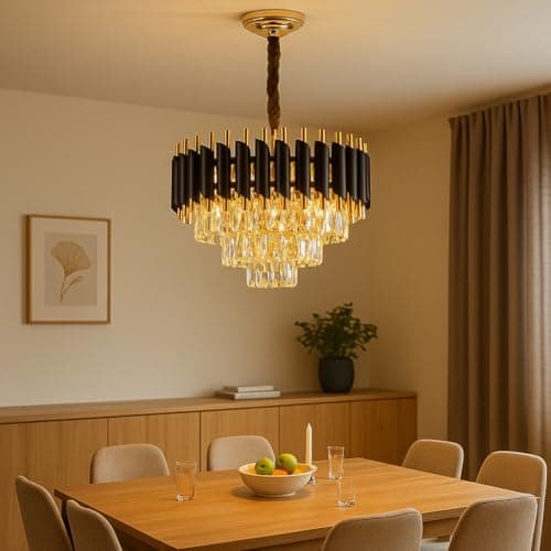 TRIPPING 300mm LED Black Gold Mamba Crystal K9 Chandelier Jhumar – 3-in-1 Light Color (Warm, Cool, Natural White), 16x12 inch, Black Gold Body, Stainless Steel Tube Hanging Light for Living & Dining