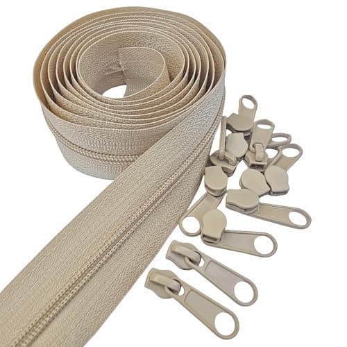 MebuZip 3 Nylon Coil Zippers by The Yard Bulk Zipper Roll Zipper Tape 10 Yards with 25pcs Pulls for Sewing Tailor DIY Craft Bags Pillows Beige 10Yards
