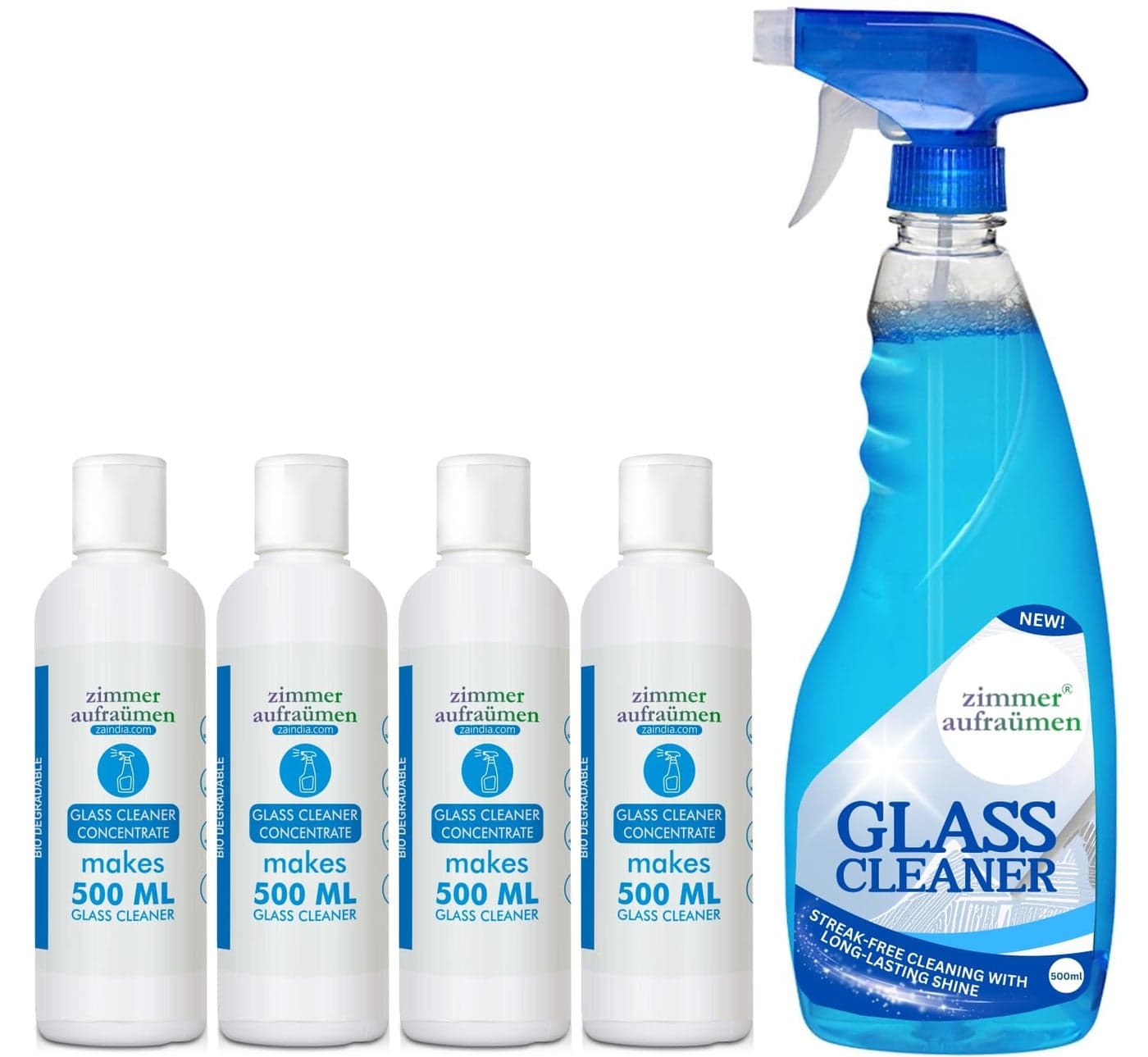 Zimmer Aufraumen Glass Cleaner 500 ml + 4X50ml Concentrates for making 2 liters of glass cleaner (Economical & Ecofriendly)