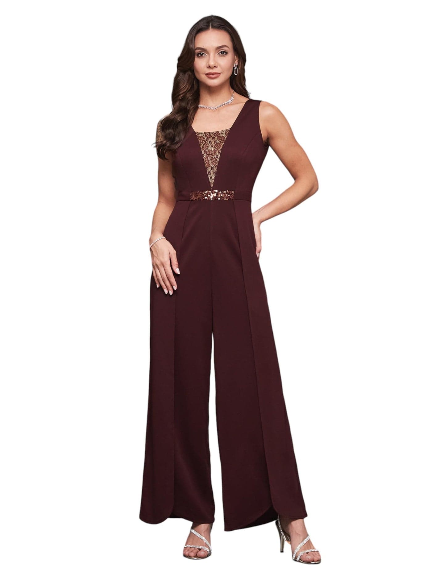 Miss Chase Women's Square Neck Sleeveless Embellished Layered Jumpsuit with Pockets (MCSS24D19-32-184-03, Wine, S)