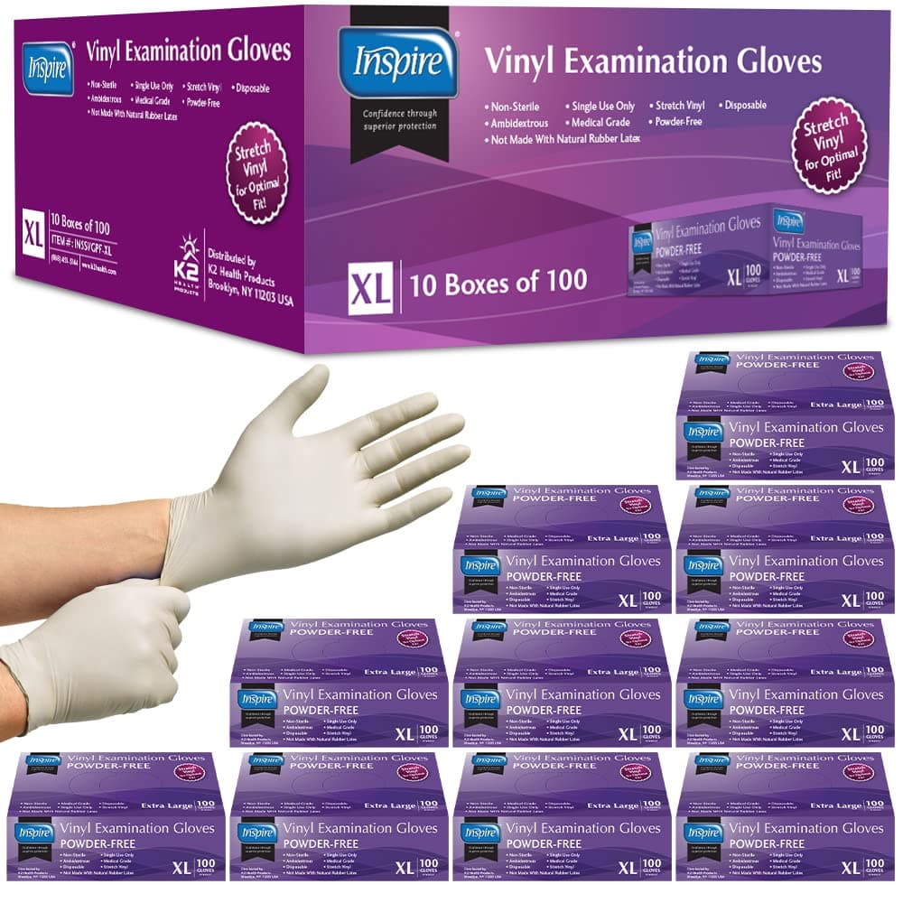 Inspire Stretch Vinyl Exam Gloves THE ORIGINAL Quality Disposable Latex Free Medical Glove Cleaning Cooking Food Service Labs Healthcare and Household Extra Large 1000 Count