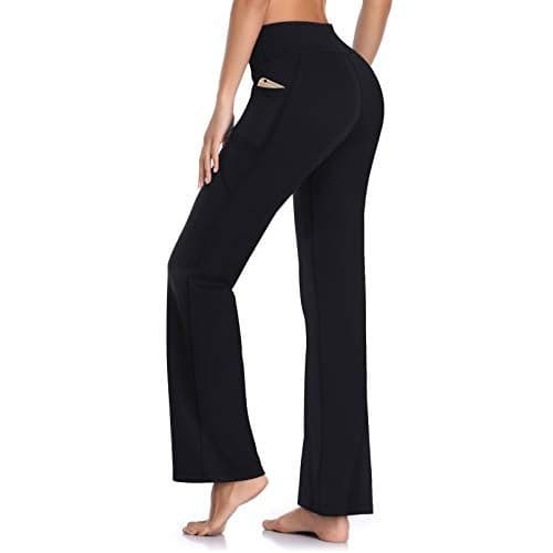 HISKYWIN Side Pockets Yoga Pants 4 Way Stretch Tummy Control Workout Running Pants, Long Bootleg Flare Pants HF201-Black-M