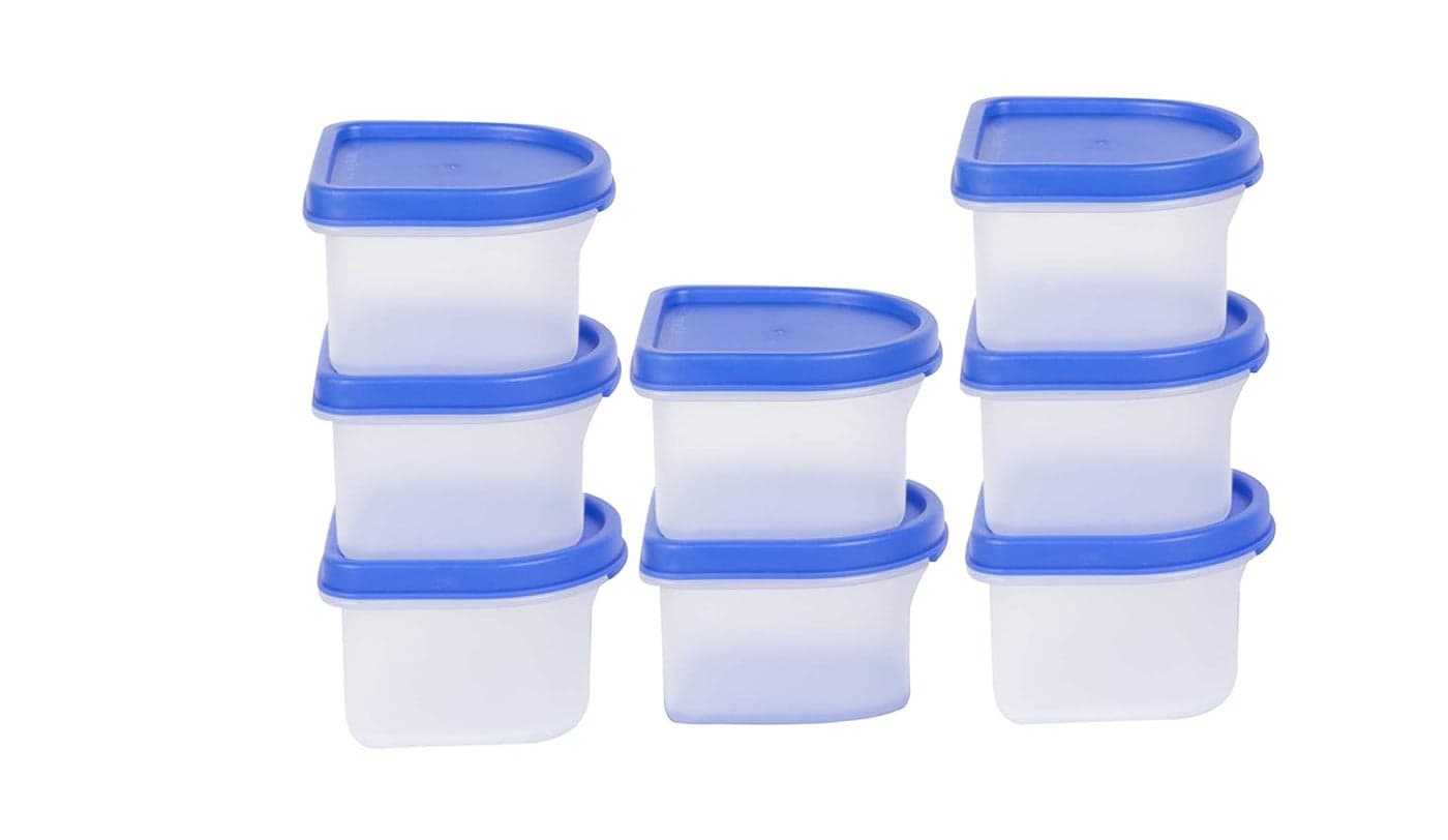 Cutting EDGE Modular Containers Oval Set with Plain Lid for Pickle Sauces Spices Chutney Dryfruits Travelling Spill proof Stackable 250 ML Set of 8 Blue Lids