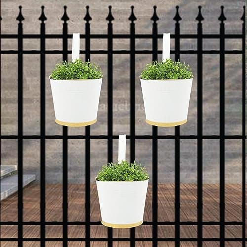 ecofynd 7 Inches Halley Railing Planters for Balcony, Hanging Pots for Plants, Wall Hanging Decorative Planters for Vertical Garden, Pack of 3 (White)
