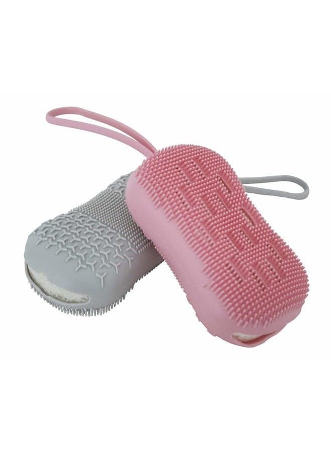 2 Exfoliating Silicone Body Sponges, Double-Sided Bath or Shower Body Brush, Silicon Loofah/Built-in Sponge – Cleans & Stimulates Circulation. Christmas Stocking, Hanukkah- Pink/Gray
