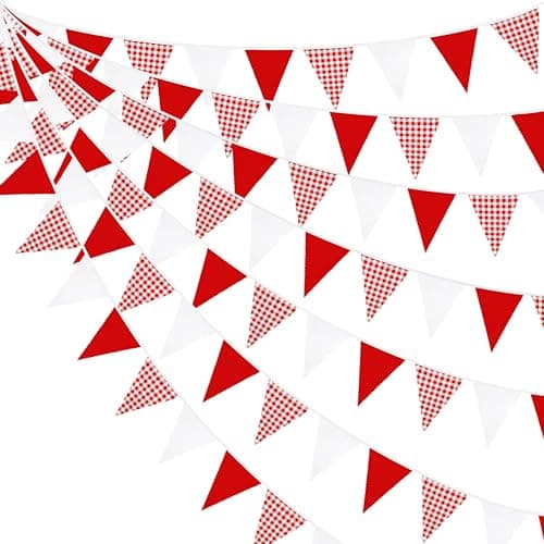 32Ft Red Party Decorations Red Plaid Checkered White Triangle Flag Gingham Pennant Bunting Fabric Garland for Christmas Wedding Birthday Carnival Picnic Xmas Outdoor Home Party Festivals Decoration
