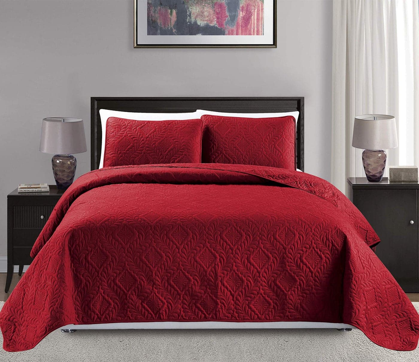 Mk Collection KingCalifornia King Over Size 118x106 3pc Diamond Bedspread BedCover Embossed Solid Red New