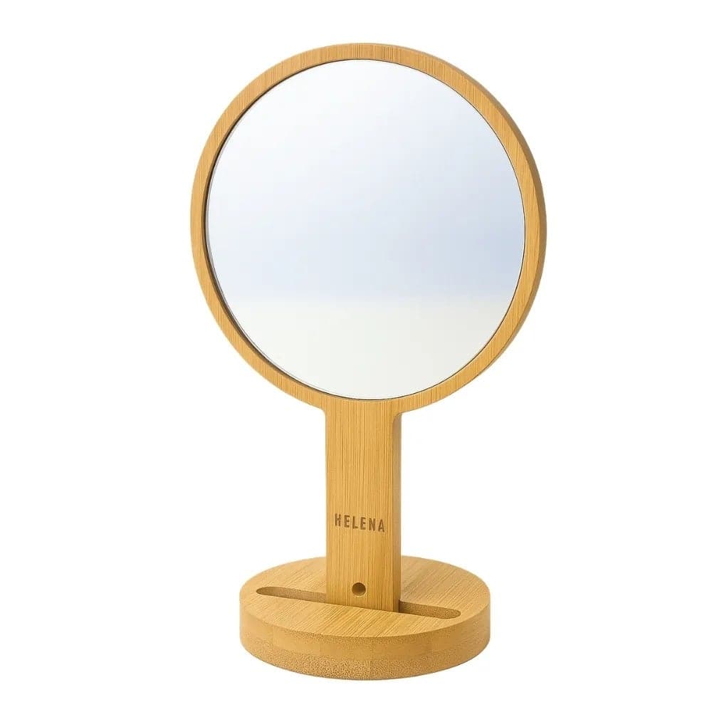 Helena Double Side Round Hand Mirror with Wooden Stand- 26X15cm