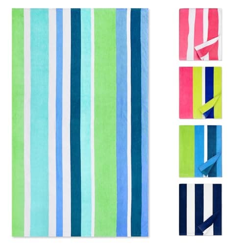 cabanana Large Beach Towel Oversized - Cotton Velour 35 x 70 Inch Rainbow Striped Terry Pool Towel, Cabana Soft Swimming Towel for Adults Women Men (Rainbow Blue)