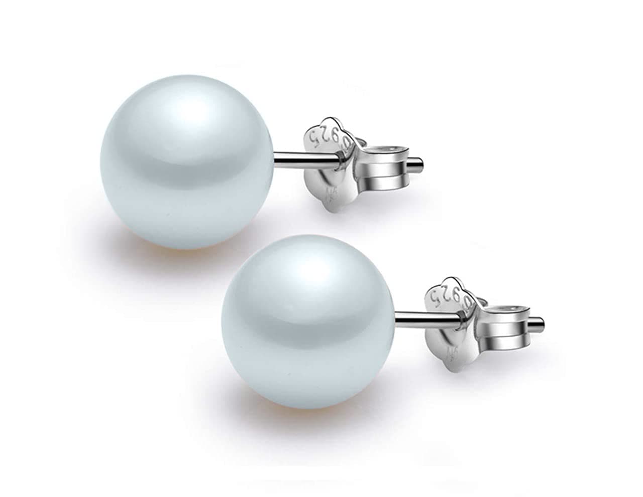 HIGHSPARK 925 Silver Classic Pearl Earrings for Women | 92.5 Sterling Silver & Brilliant Lustre Pearls | Lovely Gift for Women - Pearl Light Blue 8mm