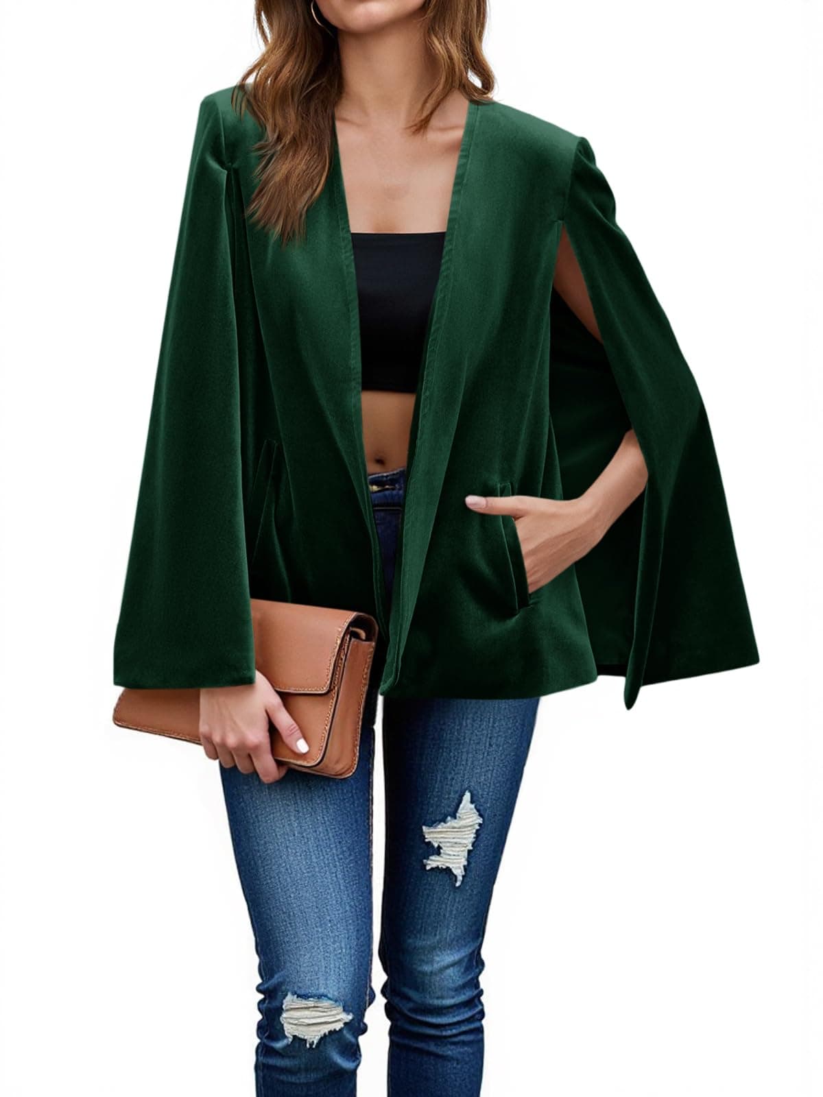 Cicy Bell Womens Velvet Cape Blazer Jackets Casual Split Long Sleeve Open Front Coat Dark Green