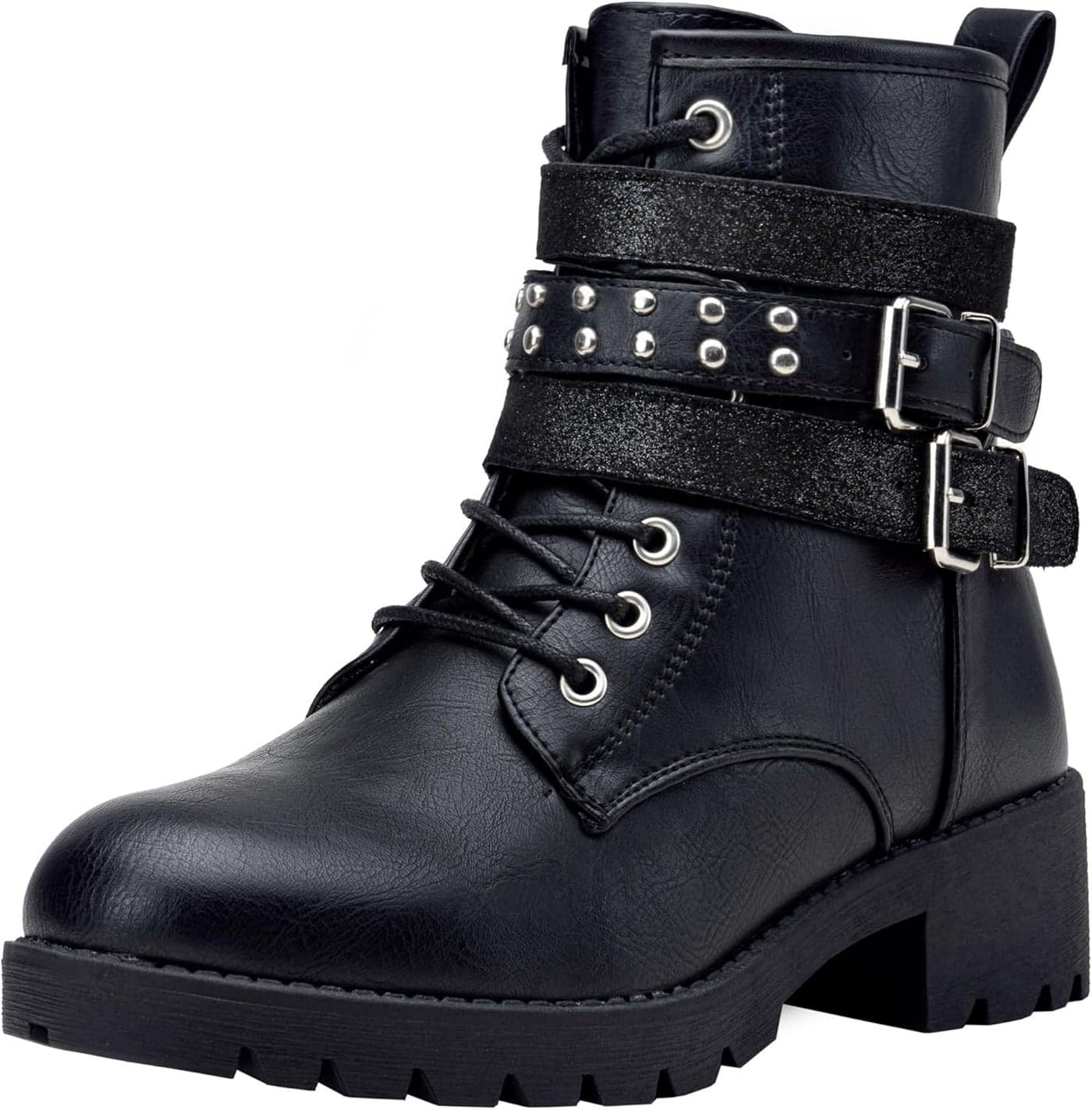 Vepose Women's Moto Black Ankle Boots with Adjustable Straps and Zipper