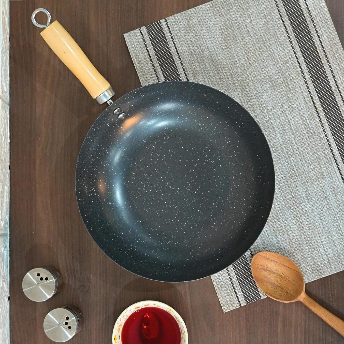 Femora Carbon Steel Wok 28 CM with Wooden Handle, 3 Layer Non-Stick Coating Kadhai, Heat Resistant Coating, Black, Pack of 1