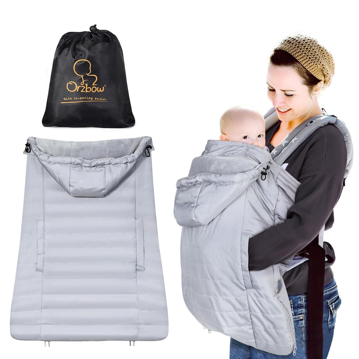 Orzbow Winter Baby Carrier Cover with Detachable Hood Waterproof Windproof Universal for Baby Carriers and Baby Waist Stool Baby Bunting Bag for Car Seats and Strollers with Storage Bag Gray