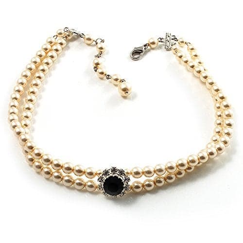 2 Strand Light Cream Imitation Pearl CZ Wedding Choker Necklace (With Jet-Black Central Stone)