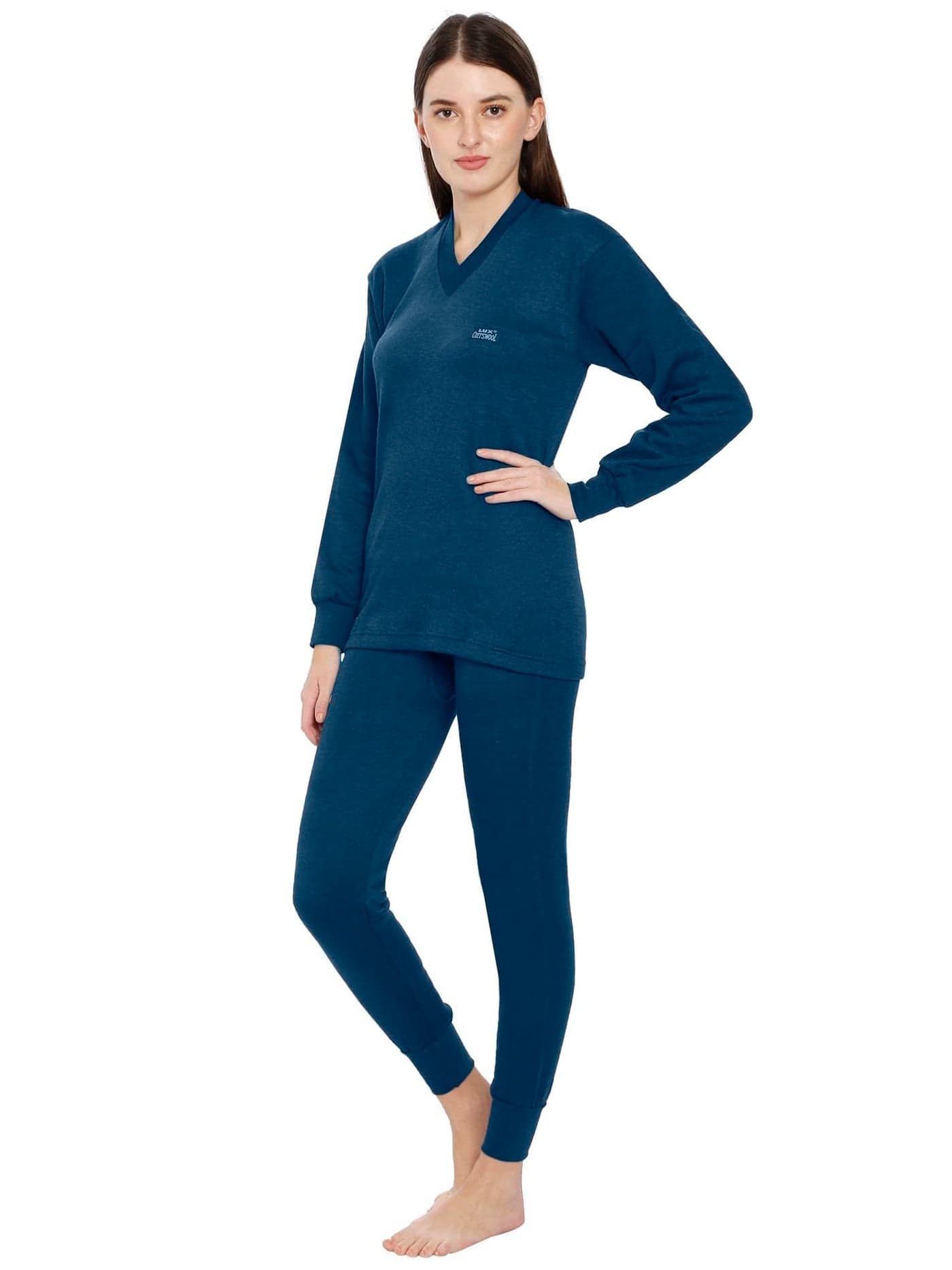 Lux Cottswool Women's V-Neck Thermal Top & Lower Set – Warm Innerwear for Winter, Soft & Comfortable Cotton Wool, Full Sleeve Top with Matching Bottom. Set of 1. (Black_90CM)