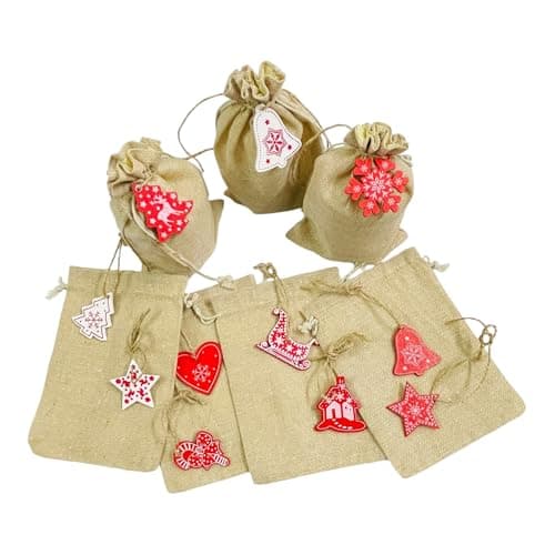 KRIWIN (7X 5 inch) Burlap Drawstring Pouches with Red and White Christmas Ornaments, Jute (12)