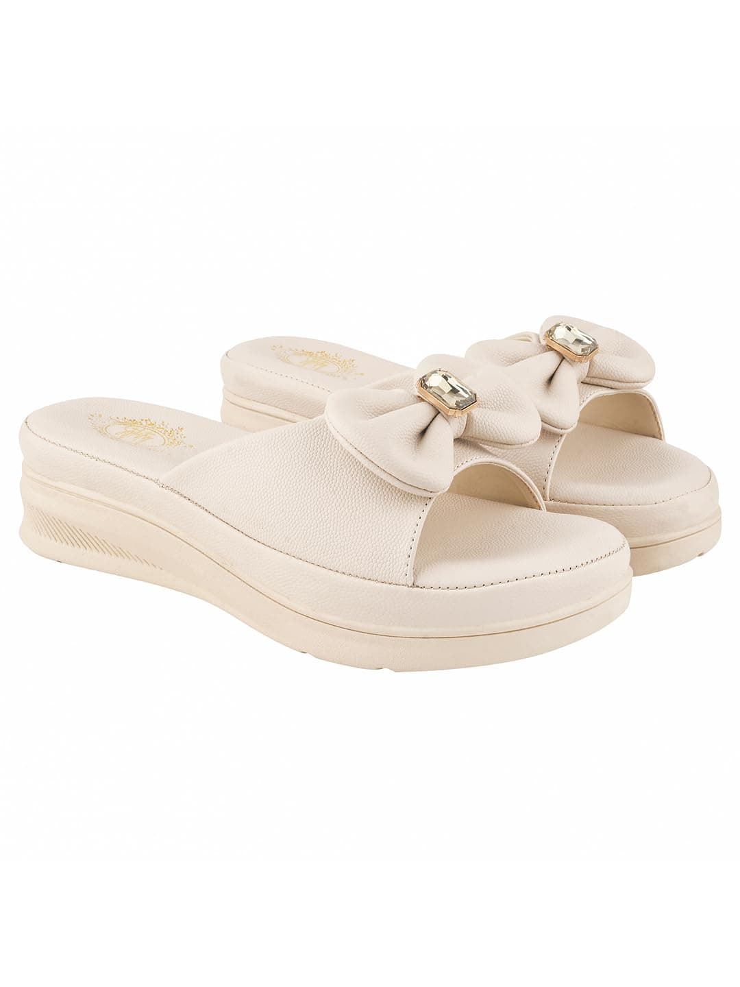 Shoetopia Women's Slip-On Cream Wedge Sandals | Comfortable Daily Slippers with Bow & Stone Detail | Lightweight Casual Fashion Footwear EU40