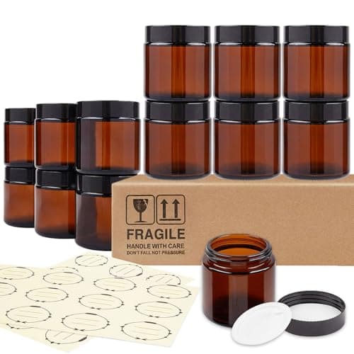 TUZAZO 4 Oz Thick Amber Round Glass Jars with Inner Lids and Black Lids, 12 Pack Small Empty Candle Making Jars/Cosmetic Containers for Lotions, Creams, Body Butters, Essential oil Beauty Products