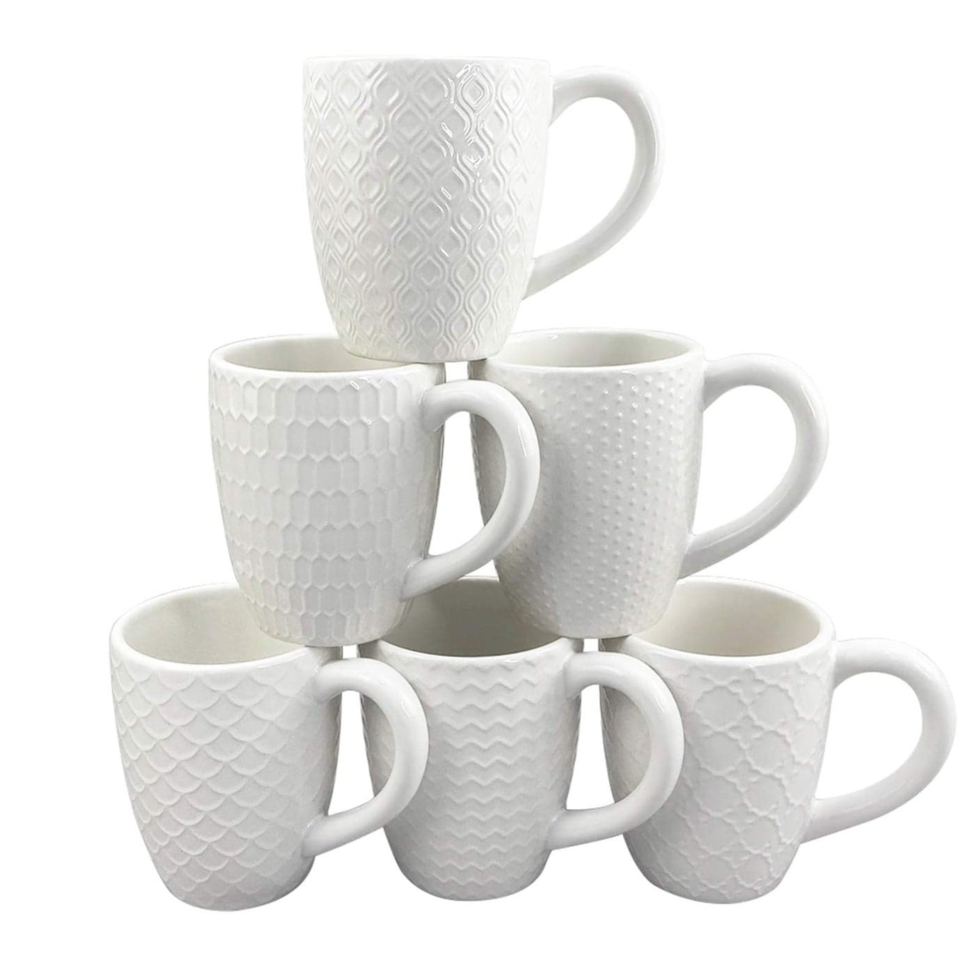 Schliersee 12 OZ White Ceramic Coffee Mugs set of 6 Stylish Embossed Coffee Cups Set for Coffee Tea Milk Cocoa Cereal