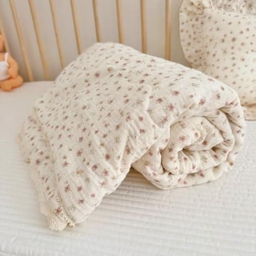 BuLuTu Cotton Muslin Toddler Quilt Blanket for Girls Boys Cute Pink Floral Toddler Quilts Soft Lightweight Crib Blankets Children Bed Blankets Machine Washable 47x59 Inches