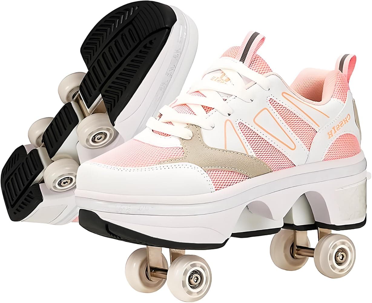 CHSSIH Roller Skate Shoes for Girls, Kids, Women, Men & Adults – Retractable Shoes with Wheels | Pop-Out High Roller Skating Shoes that Turn Into Sneaker Skates (Pink, 7)