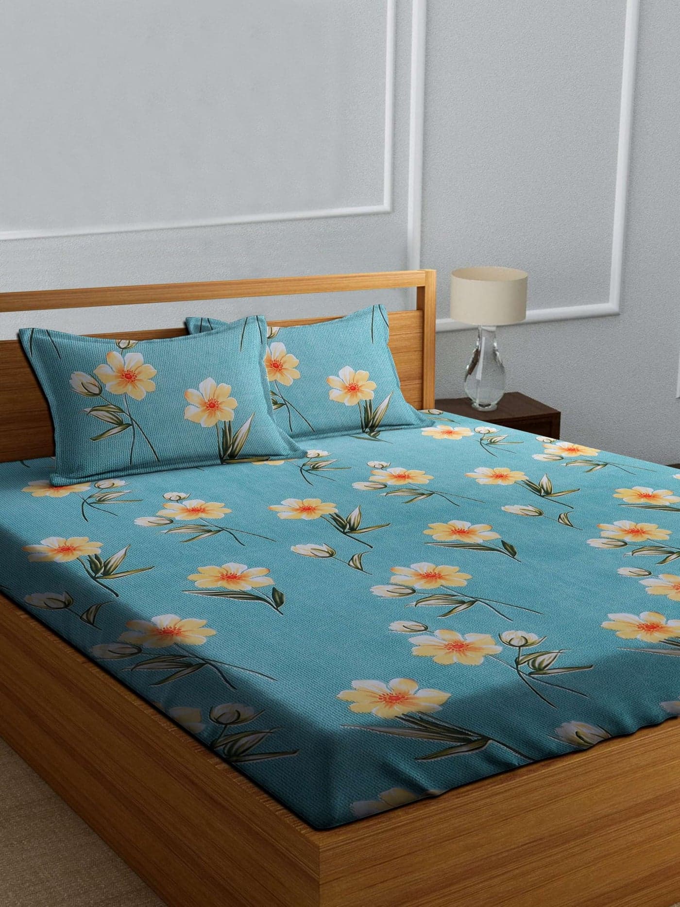 Decorum Floral Teal Double Bedsheet | 228 x 220 cm Cotton Blend Bed Sheet with 2 Pillow Covers | Yellow & White Flower Print Bedding Set for Home Decor | Soft & Durable Bedsheet for Bedroom