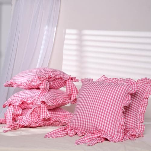Sleepy Threads Pink Cushion Covers 16x16 Inches – Pack of 5 | Checkered Pattern with Frill Border | Decorative Throw Cushion Cases for Sofa, Couch, Living Room, Bedroom & Deewan-40x40 cm