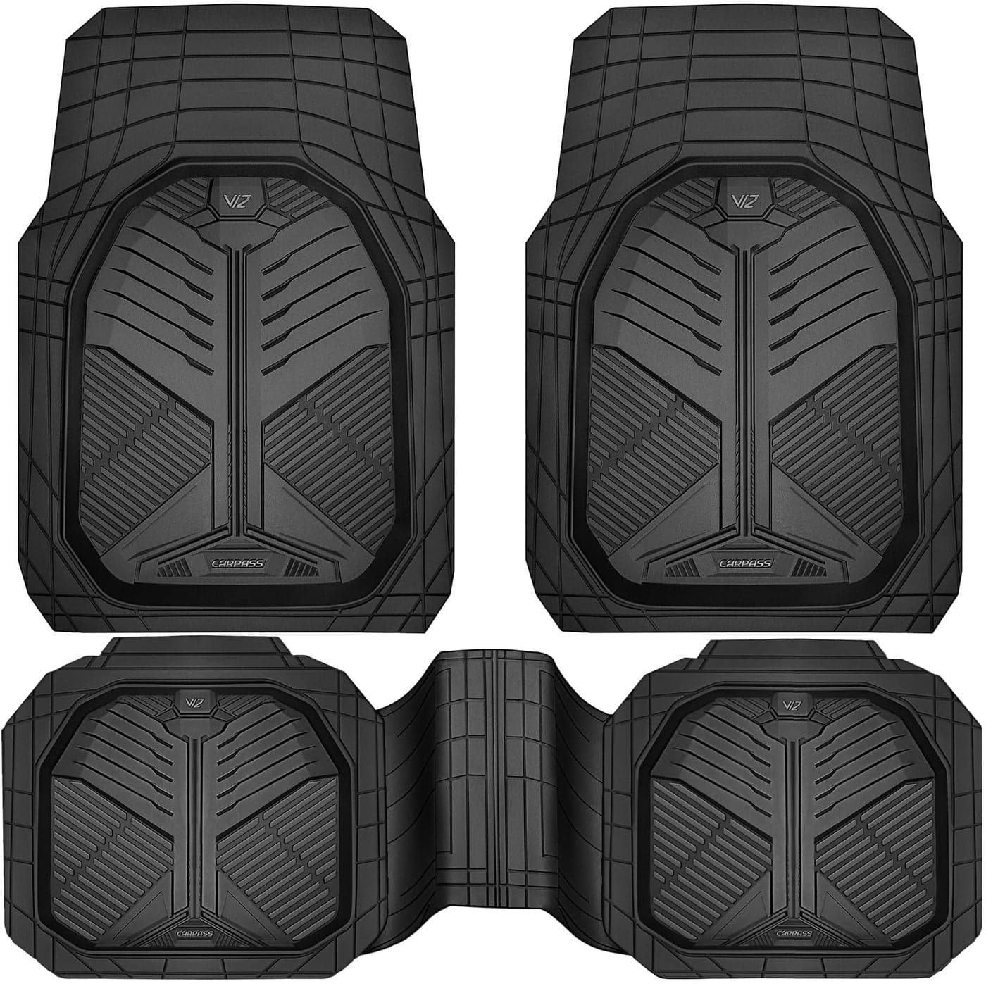 CAR PASS Heavy Duty Rubber Car Mats DeepDish Odorless Car Floor Mats All Weather Universal TrimtoFit for SUVs Trucks Sedans Waterproof AntiSlip 3 Pieces V12 Black