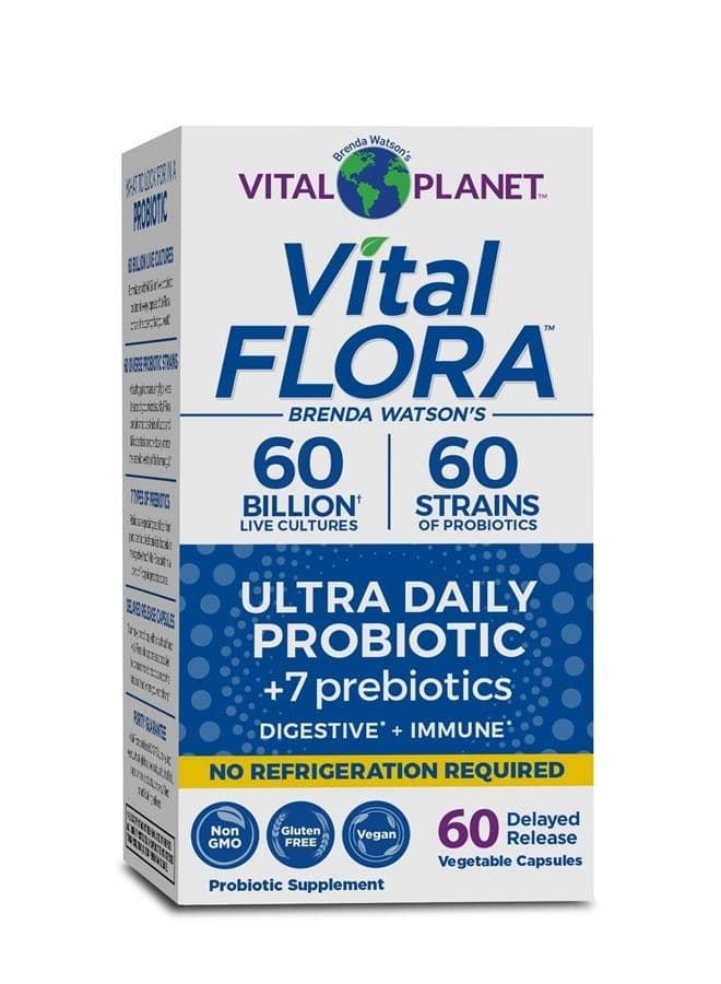 Vital Flora Ultra Daily Shelf Stable Probiotic 60 Billion Cultures and 60 Strains, Immune and Digestive Support Probiotics for Women and Men with Organic Prebiotics, 60 Capsules