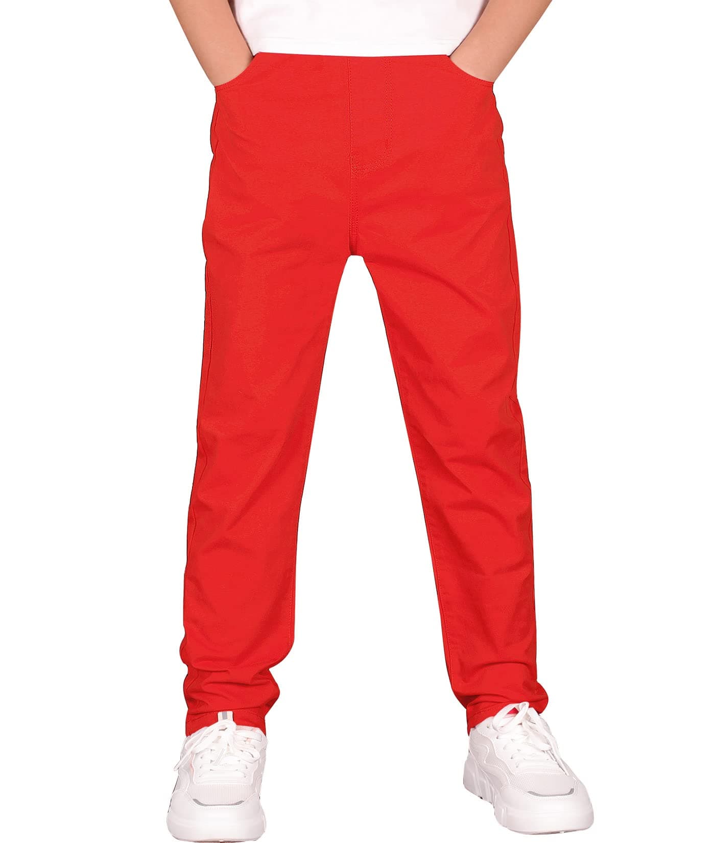 CAMLAKEE Boys Stretch Pull on Chino Pants Kids School Uniform Yonth Twill Pants Red 1314 Years