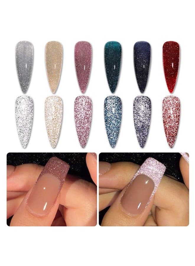 Reflective Glitter Gel Nail Polish Set, 6 Colors Including Pink Red Silver Holographic Gel Kit UV LED Soak Off Nail Polish Home DIY Manicure Salon Varnish