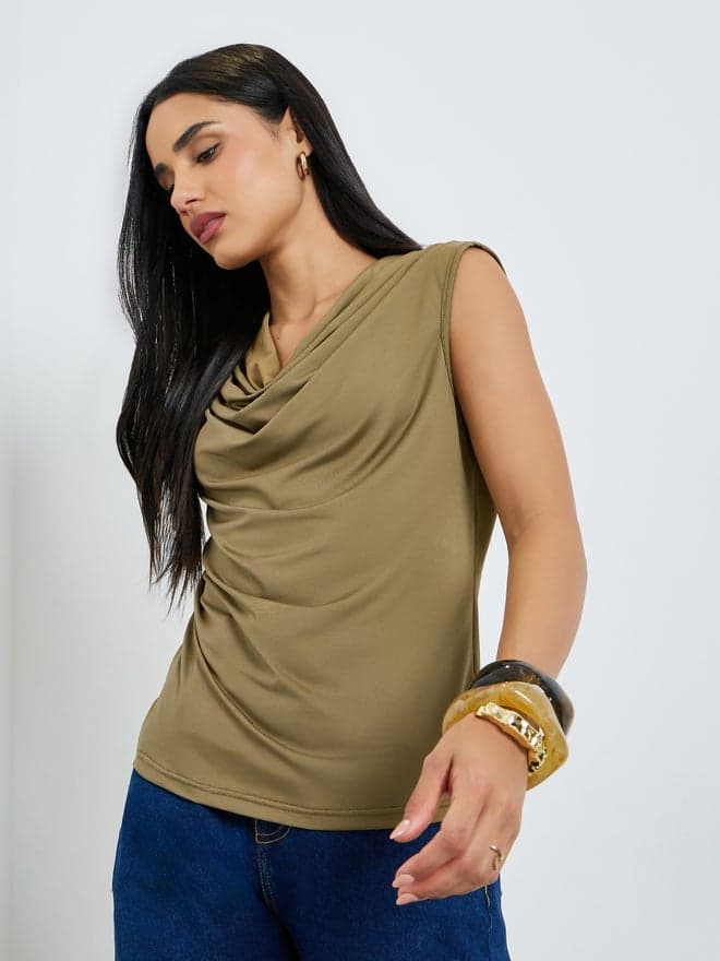 Styli Brown Solid Cowl Neck Knit Top