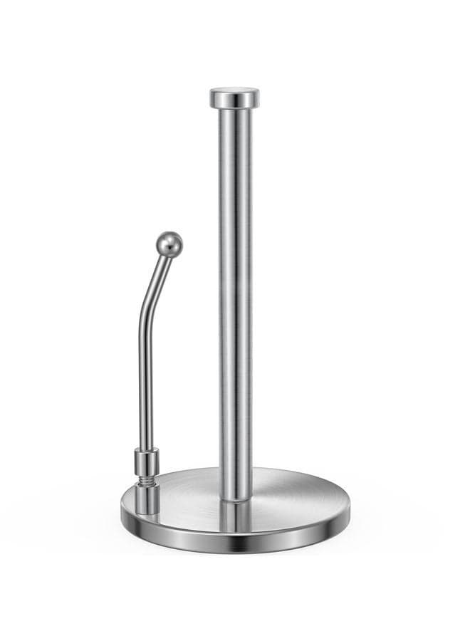 Paper Towel Holder, Paper Towel Dispenser Standing Weighted Base Non Slip, Spring Arm for Easy Tear, Stainless Steel Paper Towel Holder for Home Kitchen Countertop Tabletop, Silver