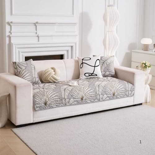 HOMETHREADS Premium Embroidered Cotton Sofa Cover Mat with PVC Backing for Non-Slip Comfort (Light_Grey, 4 Seater | 210x75cm)