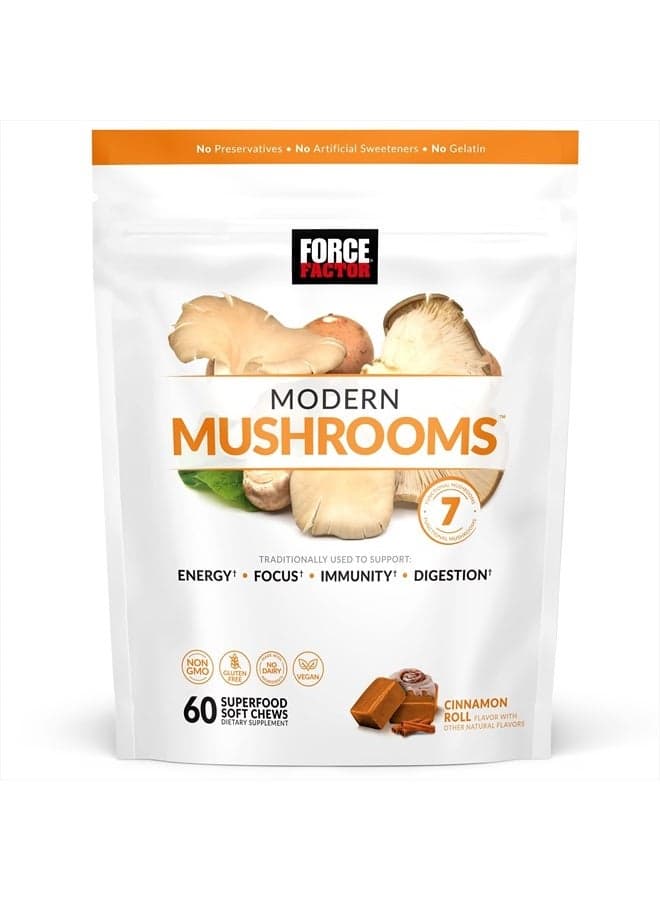 FORCE FACTOR Modern Mushrooms Soft Chews, Mushroom Supplement with Lions Mane, Turkey Tail, & Cordyceps to Support Energy, Focus, Immunity, & Digestion, Cinnamon Roll, 60 Soft Chews