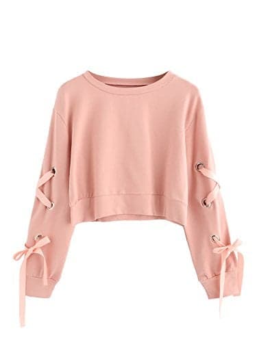 SweatyRocks Women's Casual Lace up Long Sleeve Pullover Crop Top Sweatshirt Solid Pink Small
