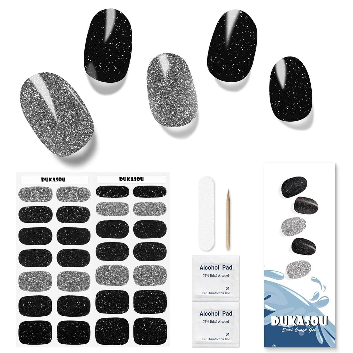 Semi Cured Gel Nail Strips, 28pcs Black Glitter Gel Nail Strips Need UV Light, Long Lasting Gel Nail Stickers Full Nail Wrap for Women Girls Kids DIY, Includes Prep Pads, Nail File&Wood Stick
