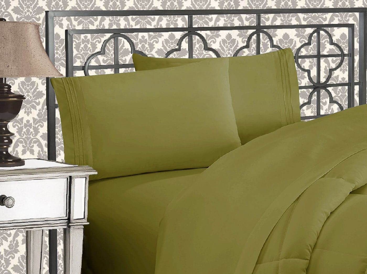 Elegant Comfort Luxurious 1500 Premium Hotel Quality Microfiber Three Line Embroidered Softest 4Piece Bed Sheet Set Wrinkle and Fade Resistant California King SageGreen