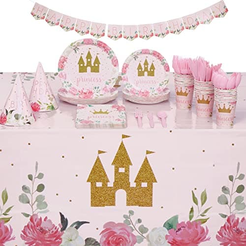 BLUE PANDA Princess Decorations for Birthday Party Kit 194Piece Pink Floral Gold Castle Theme Plates Napkins Cups Cutlery Banner Tablecloth Hats Princess Tea Party Decorations