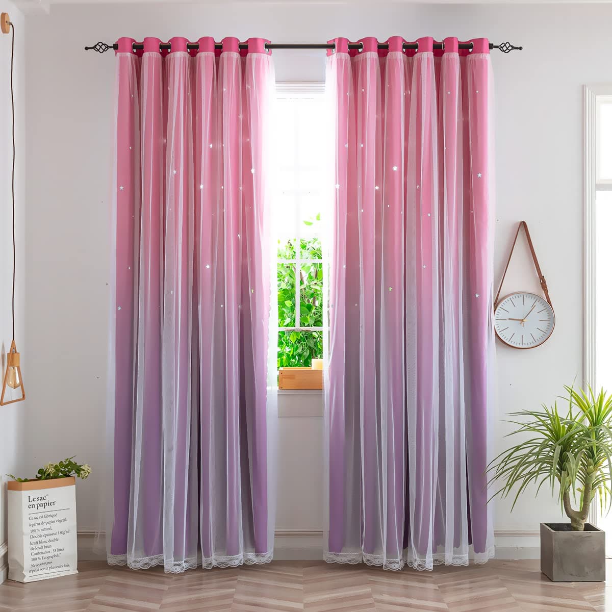 Yancorp Kids Curtains for Girls Bedroom Princess Curtains for Daughter Room 84 Inches Long Star Curtains with Tieback 3 BowtiesPink PurpleW52L841 Panel
