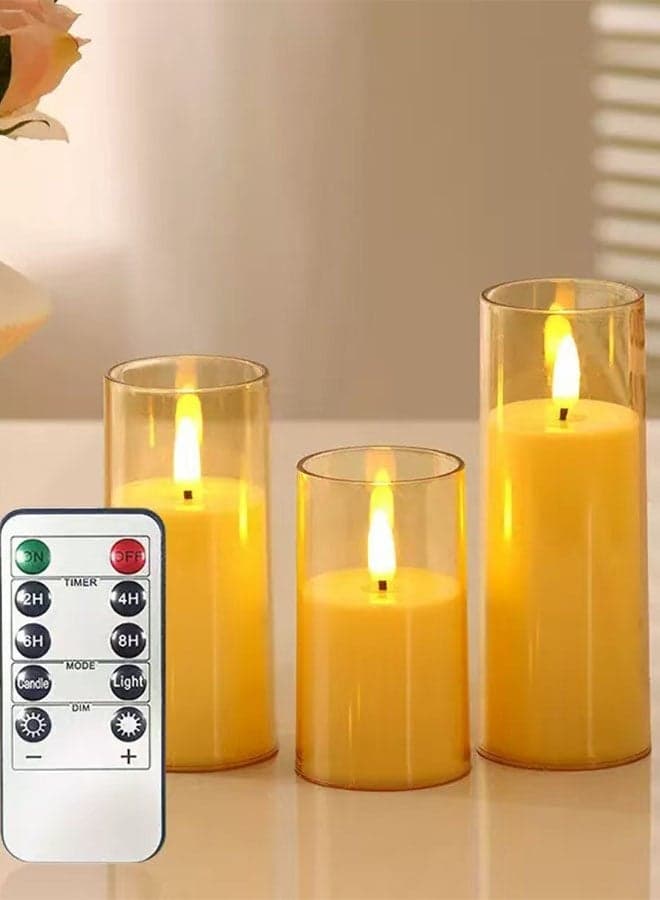 3Pcs Clear Glass Electronic Candles, Flameless Candles With Remote Control And Timer, LED Pillar Candles, LED Remote Control Simulation Candle Cup, Bedroom Bedside Sleeping Ambient Light, Home Decor Birthday Creative Wedding Candle Prop, 5.5x10/12.5/15cm