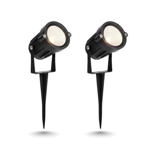 D'Mak 5 Watt LED Waterproof Outdoor Garden Light Spotlights with Spike Stand, IP65, Adjustable Outdoor Landscaping Lights - Set of 2 (Warm White).