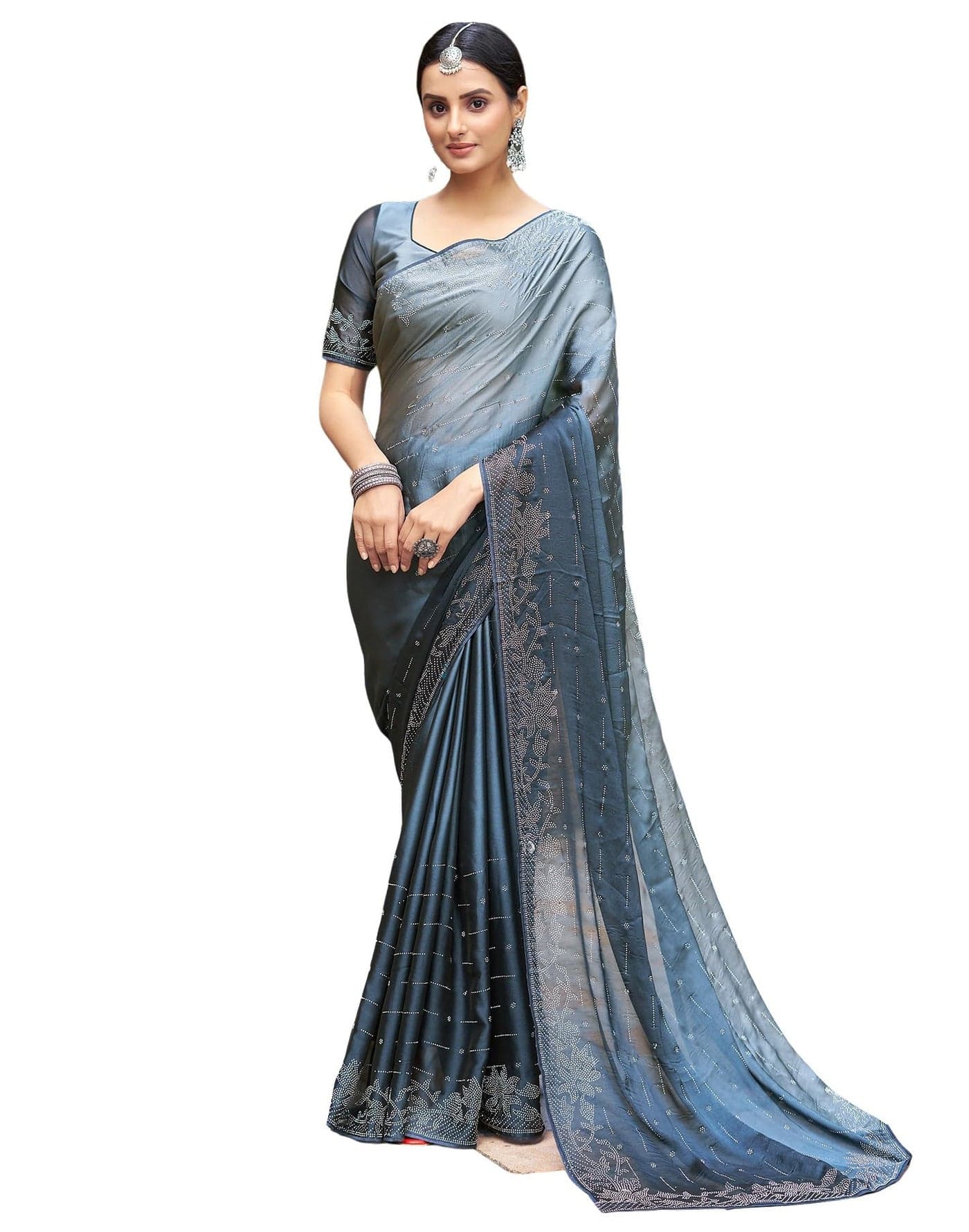 SIRIL Women's Georgette Stone Work Saree With Unstitched Blouse Piece (3430S277-Grey)
