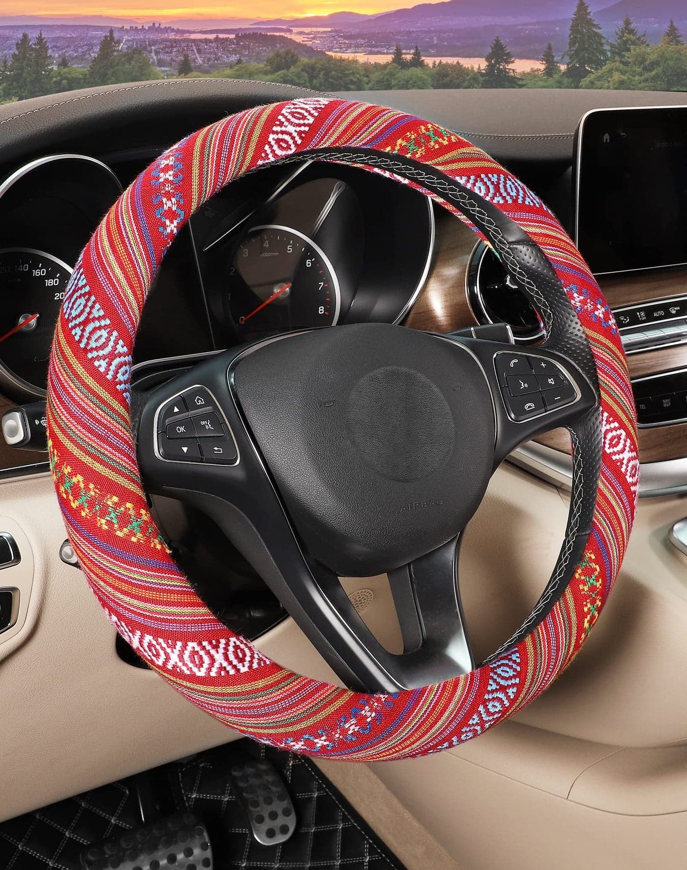 SEG Direct Boho Steering Wheel Cover with Baja Blanket Cloth, Ethnic Style Auto Wheel Cover Made of Coarse Flax, Fits 14 1/2-15 1/4 inches Car Wheel