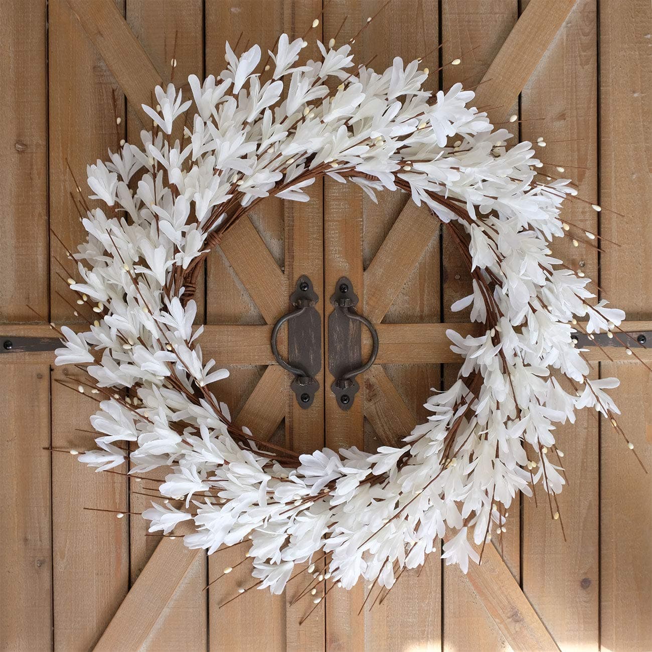 Bibelot 20inch Artificial Forsythia Flower Wreath Spring Summer Fall Wreath Silk Leaves Wreath for Front Door Wreath Porch Farmhouse Patio Garden Home Decor White