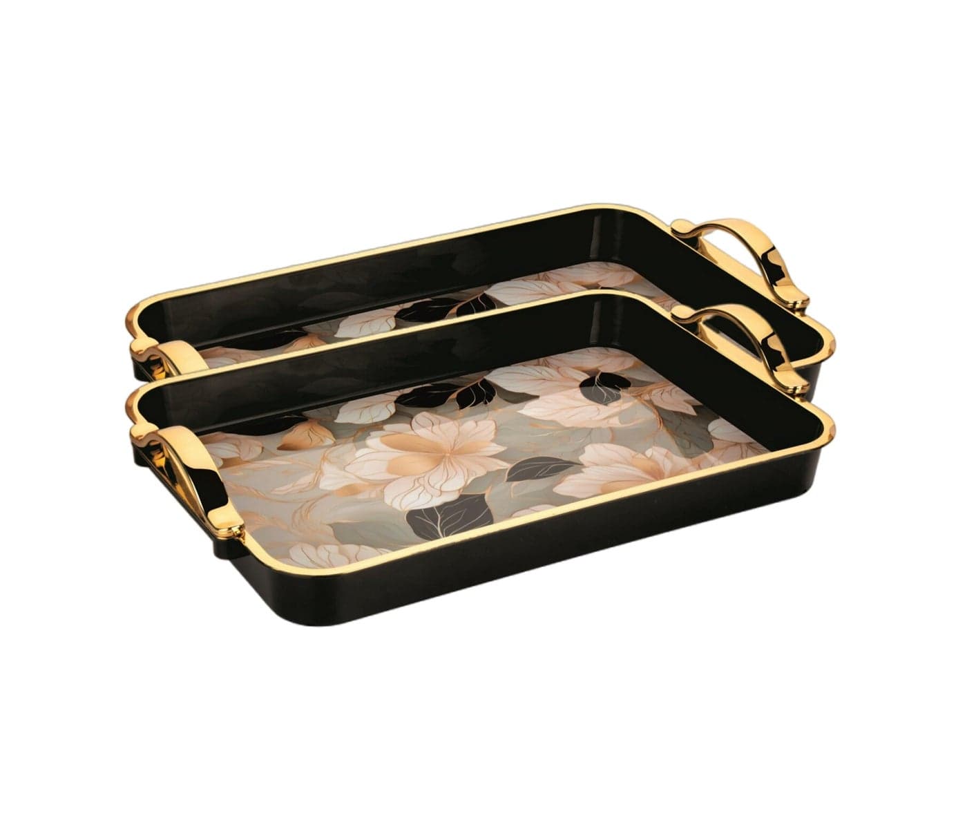 Nabhya Glamour 2pc Set Flower Printed Serving Tray Plastic Material BPA Free Tray with Handle for Tea,Coffee,Snack,Kitchen & Dining Table Home Décor (Black, Small - 2 Pieces)