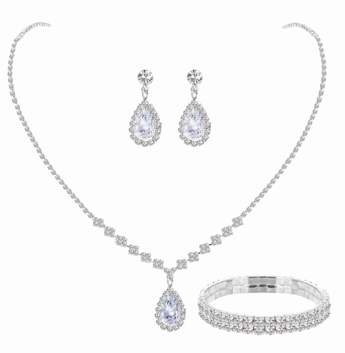 Paxuan Silver / Gold Rhinestone Crystal Wedding Bridal Bridesmaids Earrings Bracelet Set for Women Brides Bridesmaids Crystal Rhinestone Bracelet Earrings Set for Wedding Bridal Prom Pageant (Style1 - Necklace + Earrings + Bracelet(Silver Plated White Cubic Zirconia))