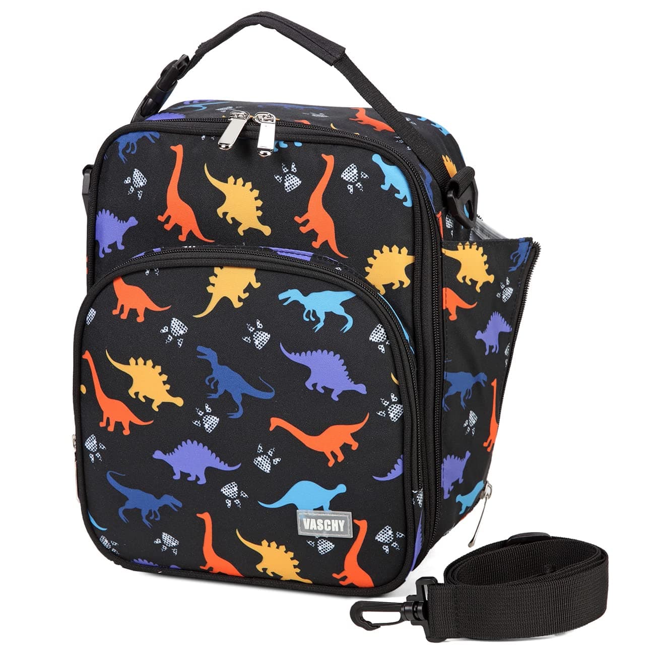 VASCHY Lunch Boxes Bag for Kids Insulated Lunchbox Reusable Containers for Boys with Detachable Shoulder Strap for School Black Dinosaur